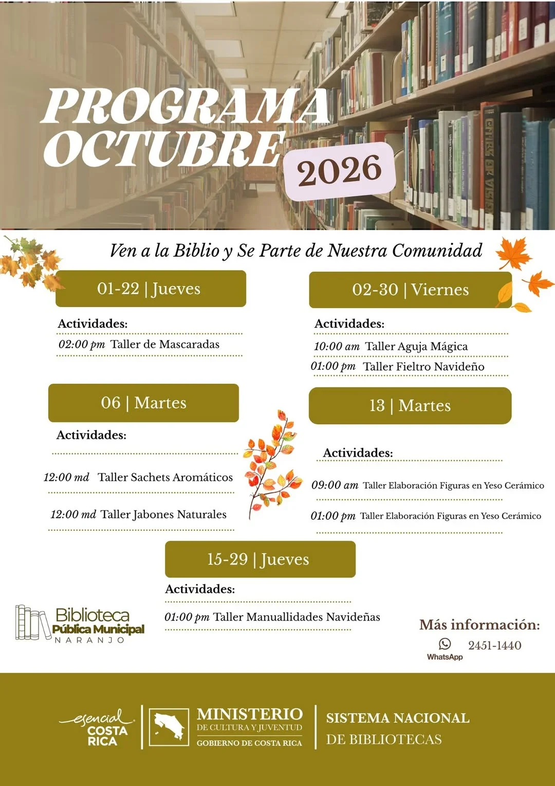 Actividades culturales y talleres creativos durante octubre en la Biblioteca Pública Municipal de Naranjo.
