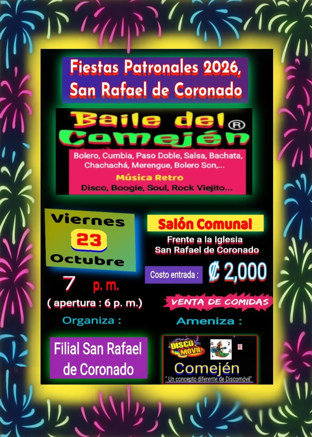 Evento de baile con música retro y géneros como salsa, bachata y merengue en San Rafael de Coronado.