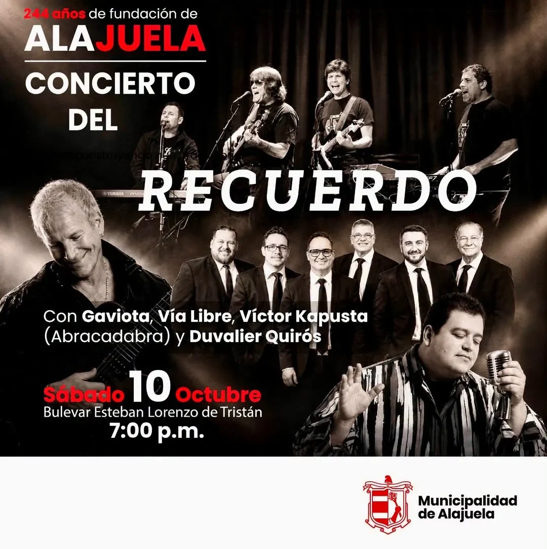 Concierto en Alajuela con Gaviota, Vía Libre, Víctor Kapusta y Duvalier Quirós para celebrar los 244 años de fundación.