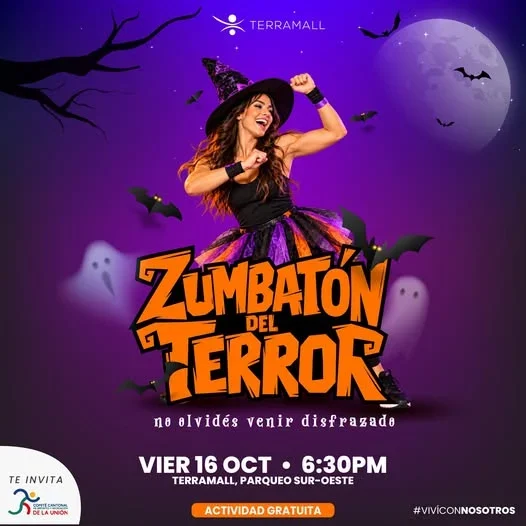 Zumbatón temático de Halloween en Terramall: noche de música y baile con disfraces, gratuita y organizada con el Comité Cantonal de Deportes y Recreación de La Unión.
