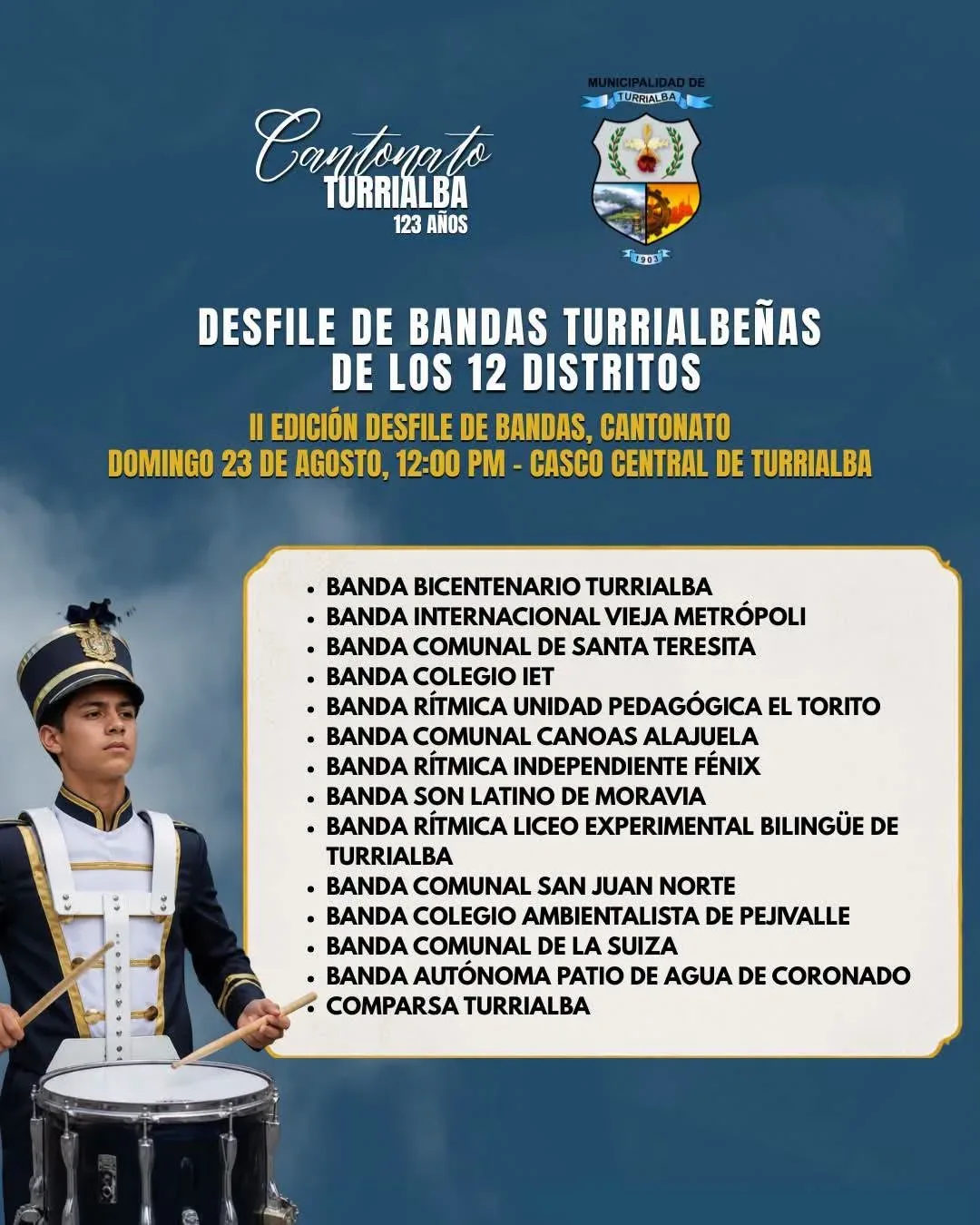 Celebra la música y la cultura en Turrialba con el desfile de bandas de los 12 distritos.