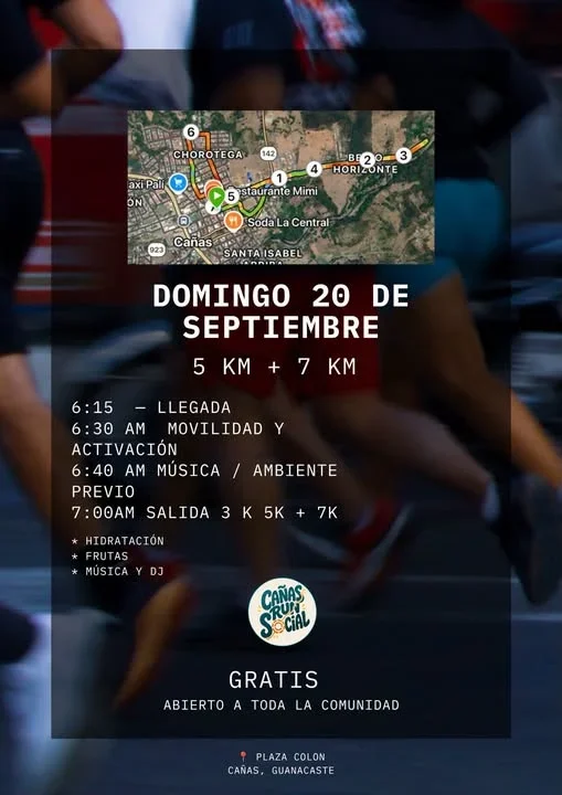 Carrera gratuita de 3K, 5K y 7K en Cañas, Guanacaste, abierta a toda la comunidad con música, hidratación y frutas.