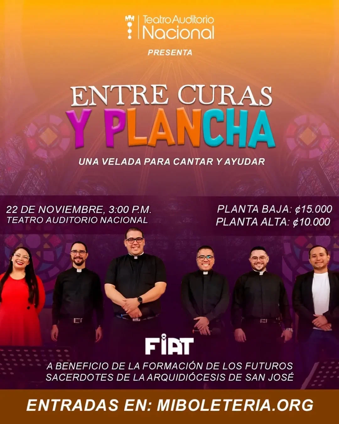 Concierto benéfico con sacerdotes cantando música plancha en el Teatro Auditorio Nacional.