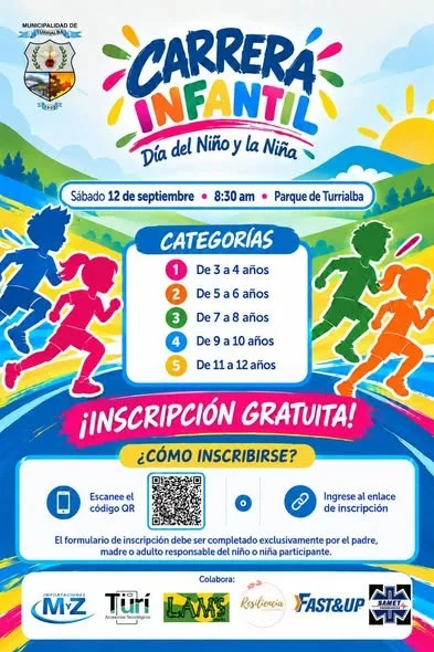 Celebración del Día del Niño y la Niña en Turrialba con carrera infantil gratuita y actividades recreativas el 12 y 13 de septiembre de 2026.