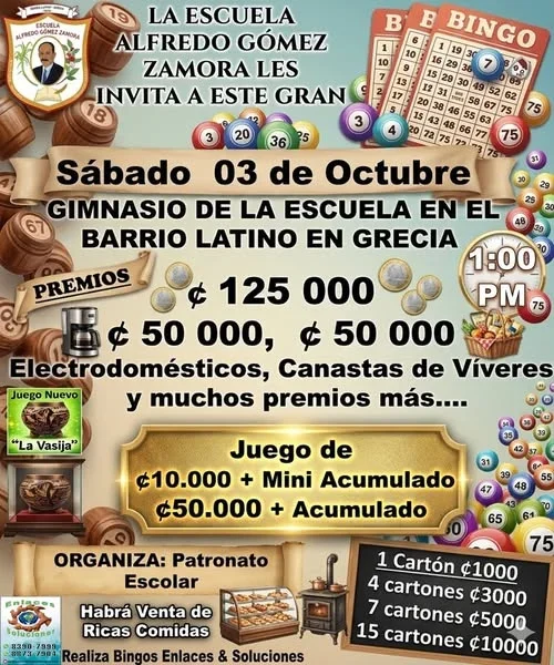 Bingo con grandes premios en el gimnasio de la Escuela Alfredo Gómez Zamora en Barrio Latino, Grecia.