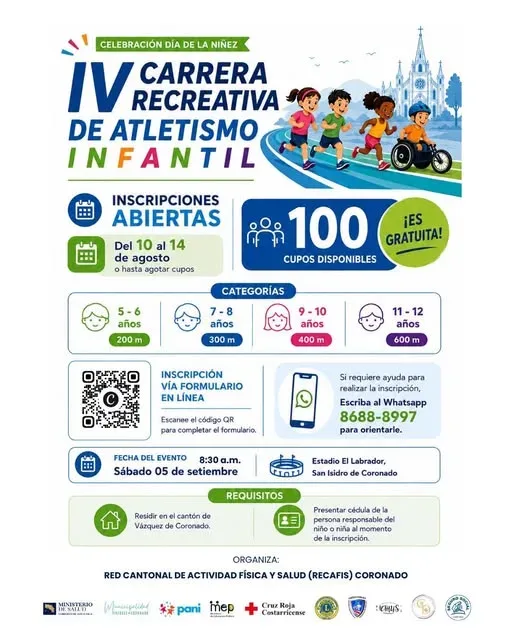 Celebra el Día de la Niñez con una carrera gratuita para niños en Vázquez de Coronado.