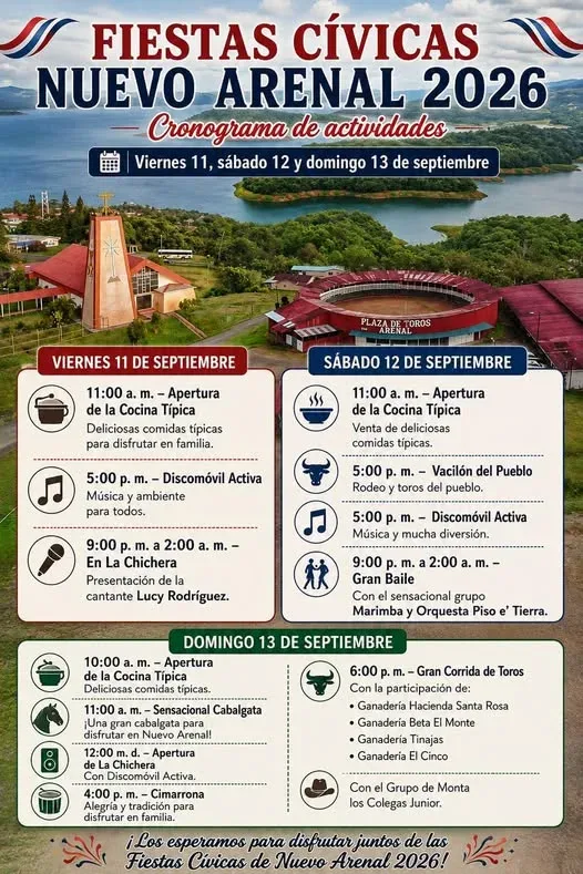 Un fin de semana lleno de tradición, música y diversión en Nuevo Arenal con actividades para toda la familia.