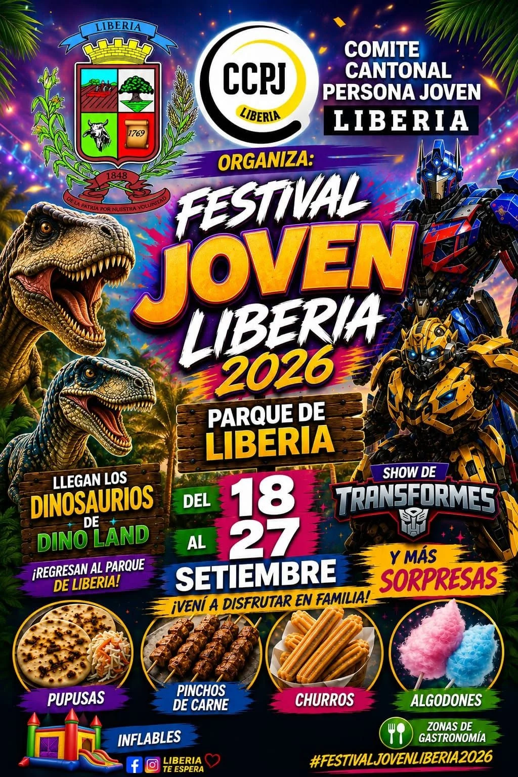 ¡TE INVITAMOS AL FESTIVAL JOVEN LIBERIA 2026!El Comité Cantonal de la Persona Joven de Liberia, con el apoyo de la Municipalidad de Liberia, tiene el enorme gusto de invitarte a disfrutar de una gran celebración llena de diversión, entretenimiento y sor