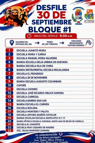 Desfile musical en Puntarenas el 30 de septiembre con bandas estudiantiles y comunales en honor a héroes nacionales.