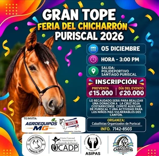 Tope ecuestre dentro de la Feria del Chicharrón en Santiago de Puriscal, con carácter benéfico a favor de la Cruz Roja y actividades para niños vulnerables.