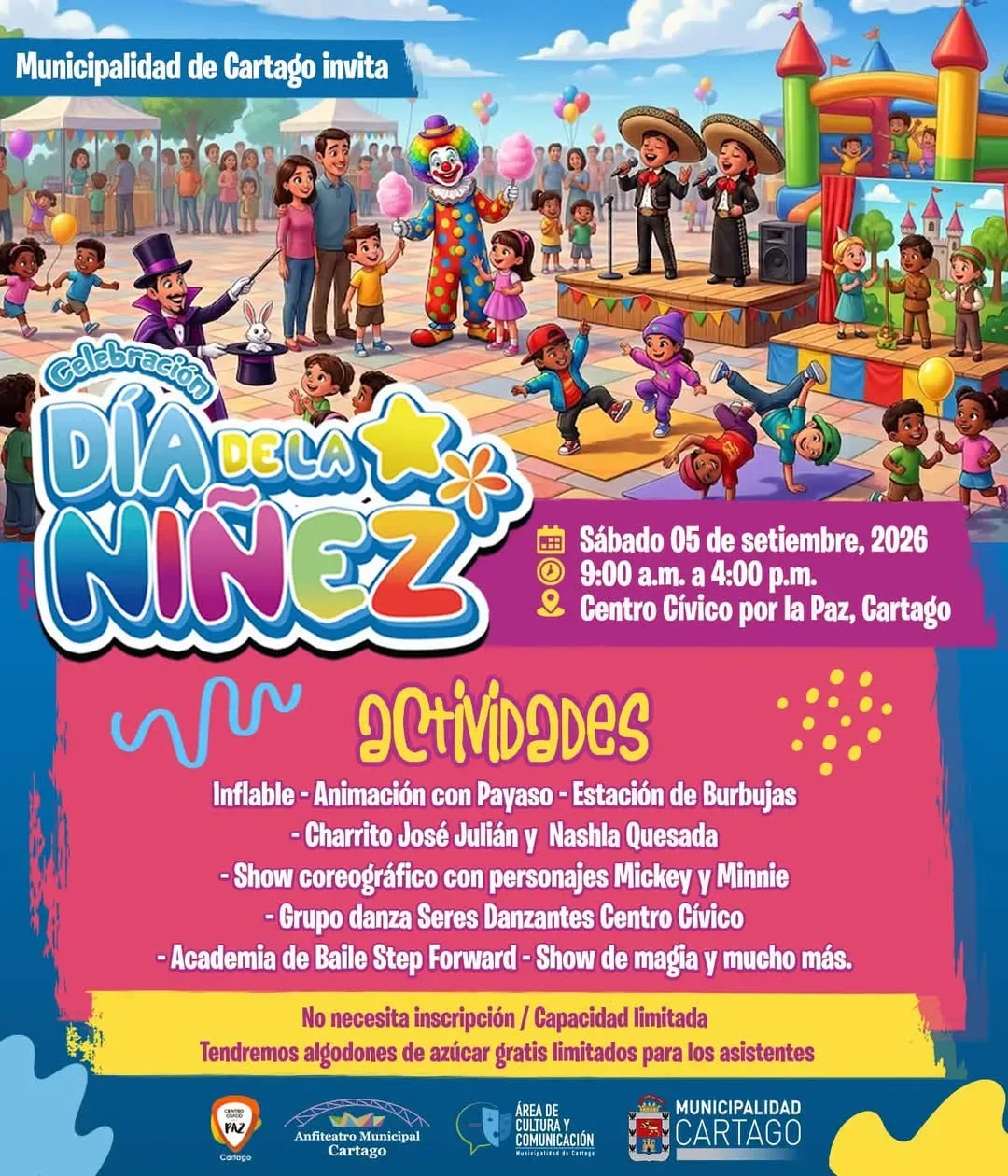 Celebra el Día de la Niñez con actividades para toda la familia en el Centro Cívico por la Paz, Cartago.