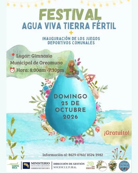 Festival comunitario en Oreamuno con actividades culturales, deportivas y educativas para promover el cuidado del agua y el ambiente; entrada gratuita.