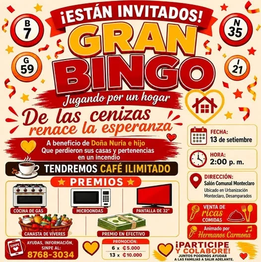 Bingo benéfico a favor de Doña Nuria e hijo en el salón comunal Monte Claro, Desamparados, con premios y café ilimitado.
