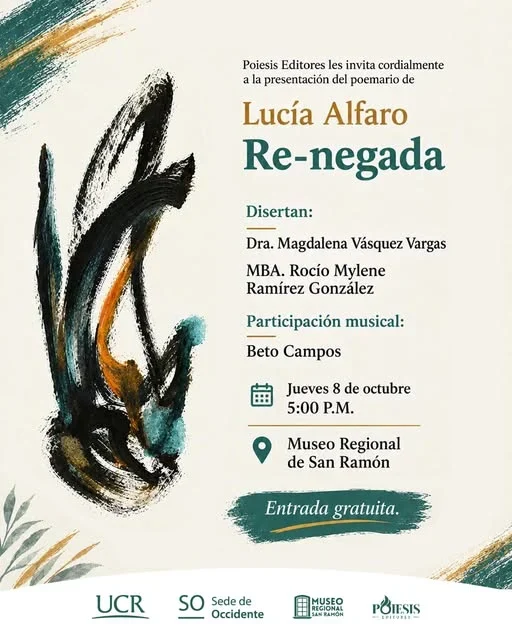 Evento cultural con la presentación del poemario de Lucía Alfaro en el Museo Regional de San Ramón, con música en vivo y entrada gratuita.