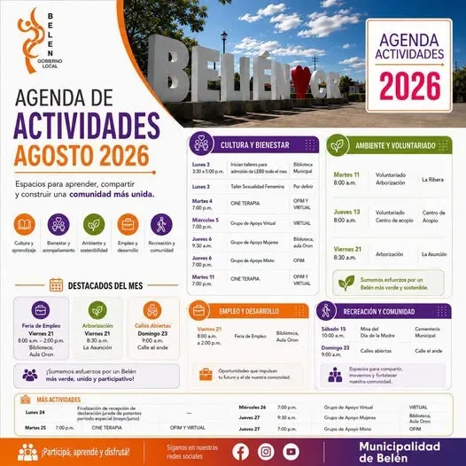 Descubre las diversas actividades programadas para agosto en Belén, enfocadas en cultura, bienestar y comunidad.
