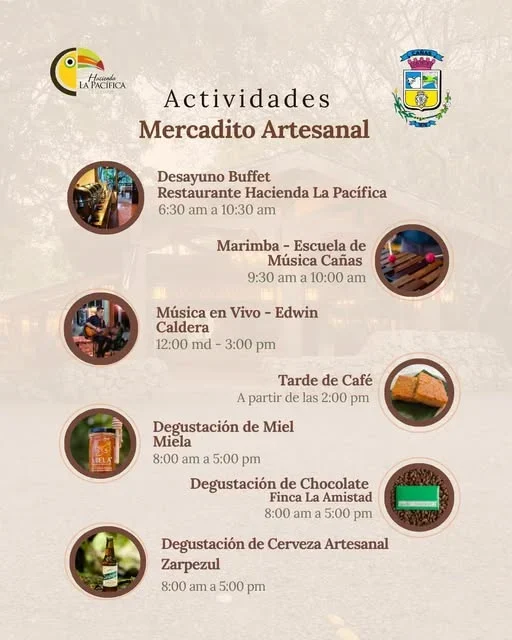 Mercado artesanal en Hotel Hacienda La Pacífica con emprendedores locales, música en vivo, degustaciones y actividades para toda la familia el 17 de octubre.