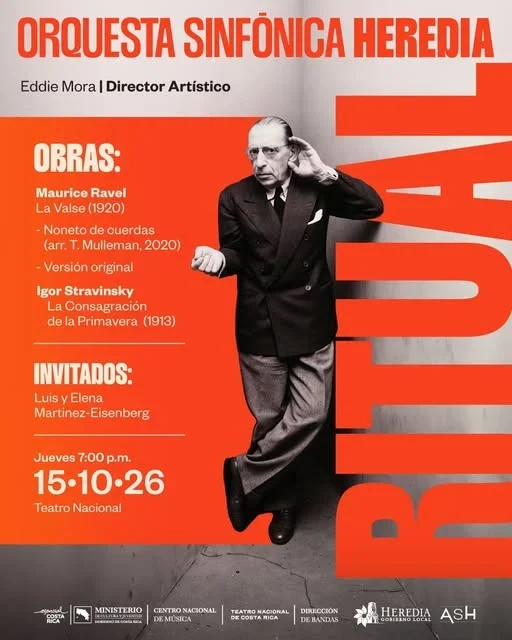 Concierto de la Orquesta Sinfónica de Heredia en el Teatro Nacional con obras de Ravel y Stravinsky.