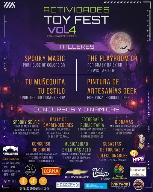 Evento familiar con talleres, concursos, música y subastas en Plaza San Pedro durante Halloween.