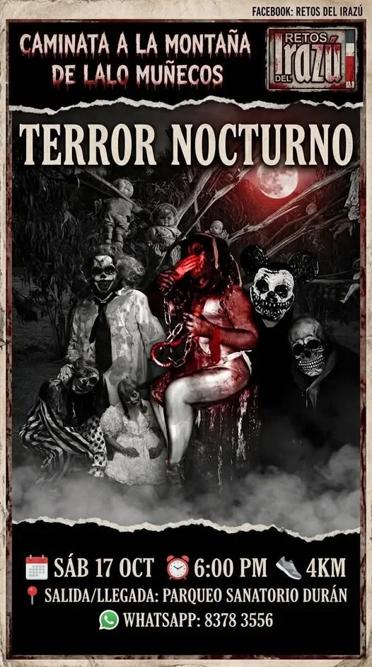 Caminata nocturna de terror en la Montaña de Lalo Muñecos en Finca Retos del Irazú, Cartago, con actividades y seguridad.