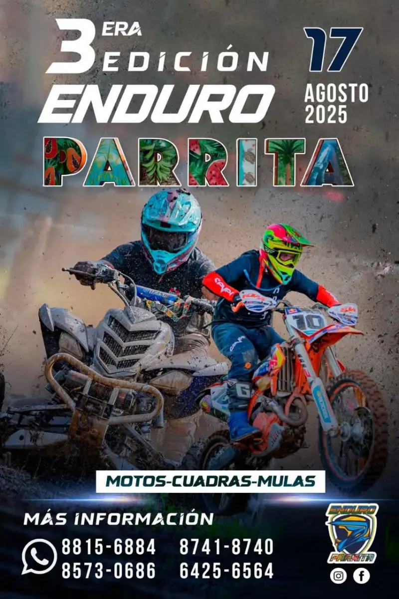 Que hacer hoy en Costa Rica: La 3.ª edición del Enduro Parrita se celebra el 17 de agosto con motos, cuadras y mulas en la jungla costera.
