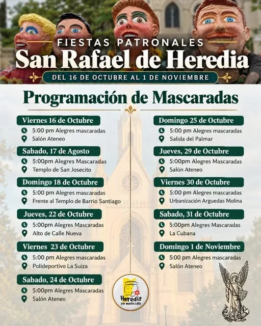 Recorridos de mascaradas como parte de las Fiestas Patronales en honor a San Rafael Arcángel en San Rafael de Heredia.