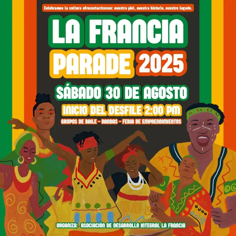 Que hacer hoy en Costa Rica: Desfile cultural el sábado 30 de agosto a las 2:00 p.m. en La Francia de Siquirres. Celebra la cultura afro-costarricense con bandas, baile y feria de emprendimientos.
