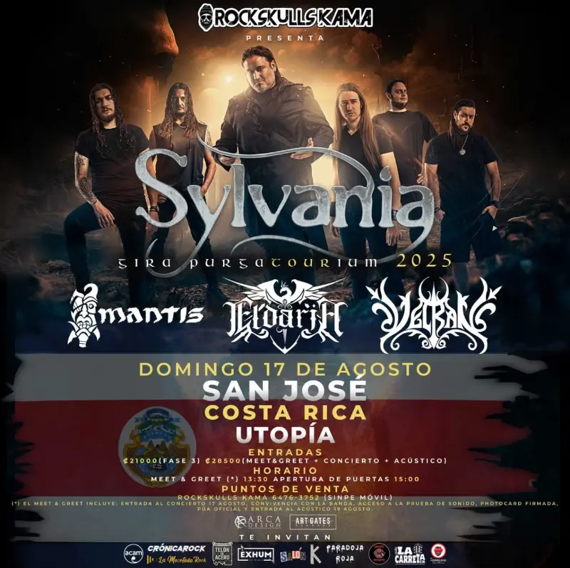 Que hacer hoy en Costa Rica: Domingo 17 de agosto llega Sylvania con su gira 'Purgatorium 2025' junto a bandas invitadas. Concierto y meet & greet en Utopía.