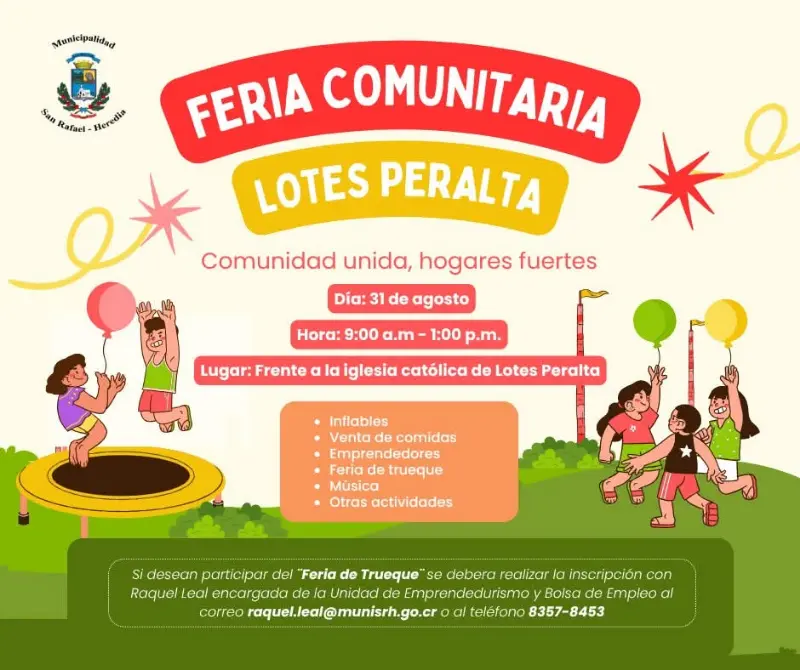 Que hacer hoy en Costa Rica: Evento familiar con feria de trueque, emprendedores, música, inflables y más, este 31 de agosto en San Rafael de Heredia.