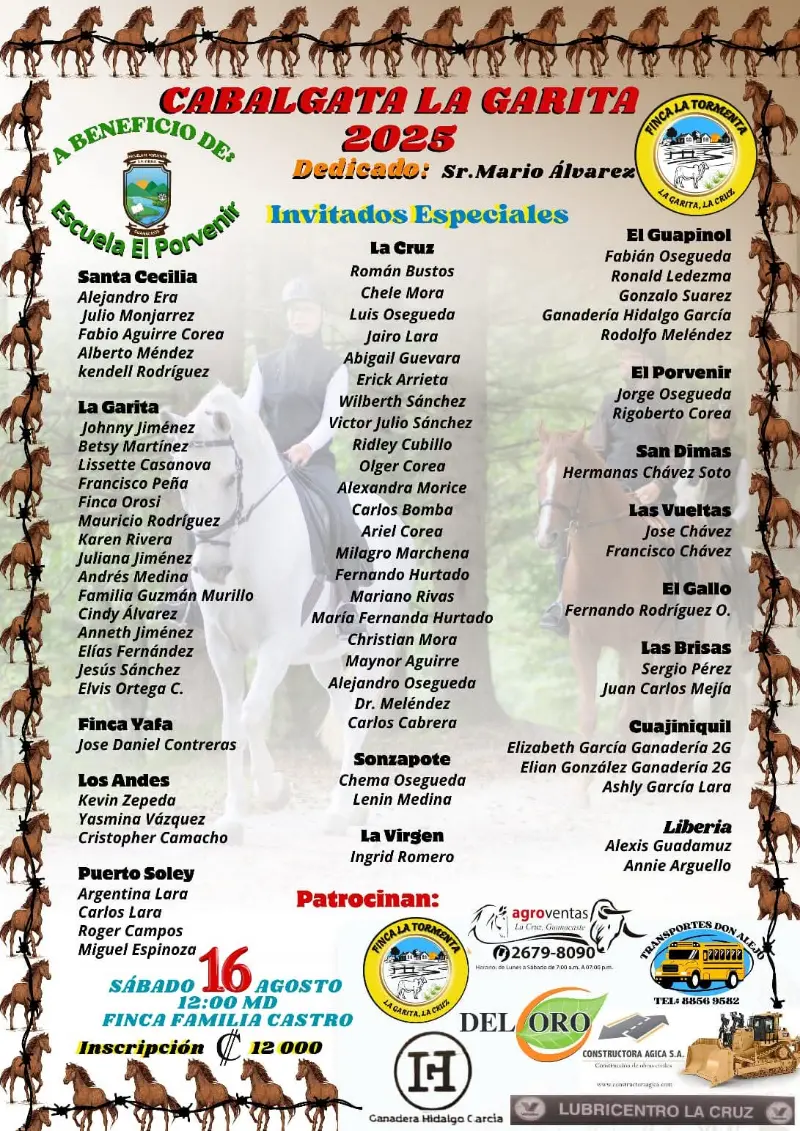 Que hacer hoy en Costa Rica: Cabalgata benéfica a favor de la Escuela El Porvenir. Este 16 de agosto desde el mediodía en La Garita.