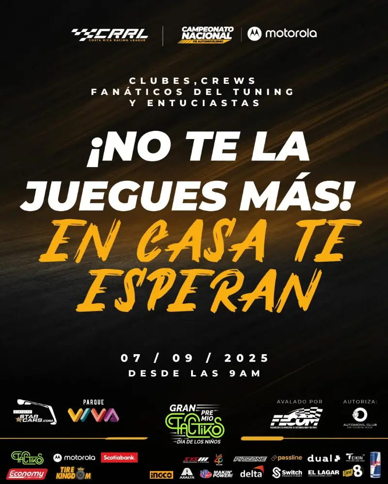 Que hacer hoy en Costa Rica: Gran evento automovilístico el 7 de septiembre en Parque Viva, con múltiples categorías y un mensaje de seguridad vial.