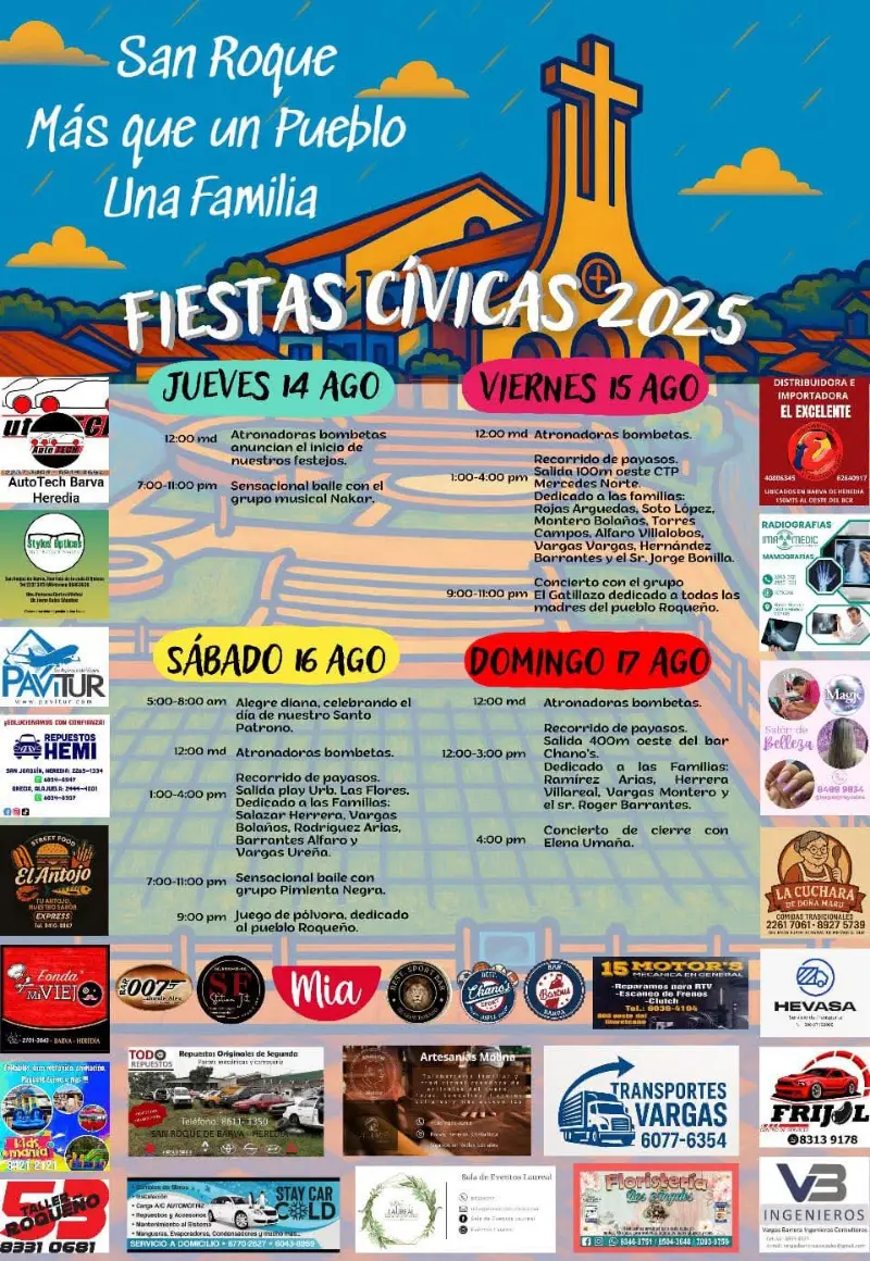 Que hacer hoy en Costa Rica: Del 14 al 17 de agosto, viví las Fiestas Patronales de San Roque con música, comidas, payasos, conciertos y más.