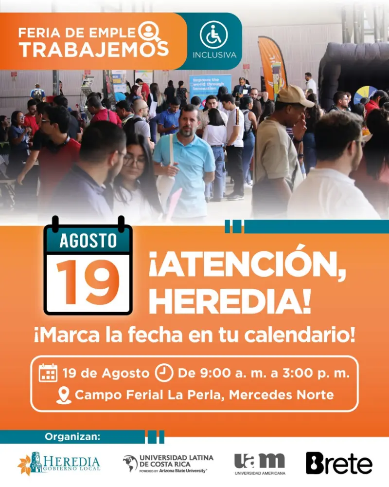 Que hacer hoy en Costa Rica: El 19 de agosto, participá en la Feria de Empleo Inclusiva en Campo Ferial La Perla, con oportunidades laborales para todos.