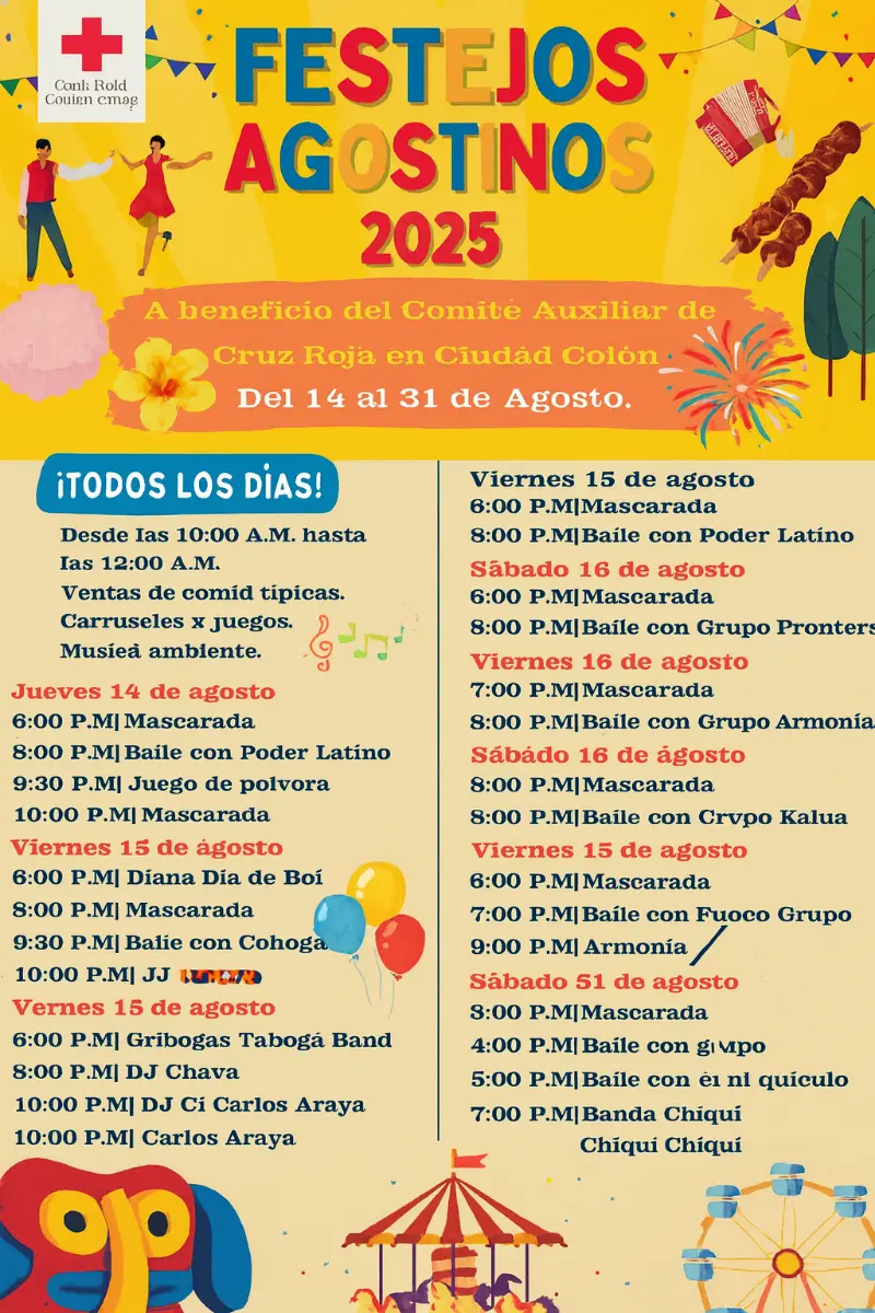 Que hacer hoy en Costa Rica: Del 14 al 31 de agosto, Ciudad Colón celebra con música, mascaradas, comidas típicas, carruseles y juegos a beneficio de la Cruz Roja.