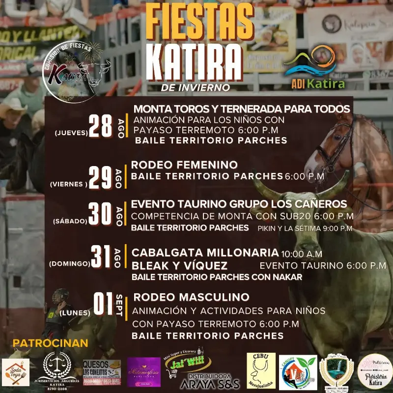 Que hacer hoy en Costa Rica: Del 28 de agosto al 1 de septiembre, Katira celebra con rodeos, cabalgata millonaria, eventos taurinos, animación infantil, payasos y bailes en vivo.