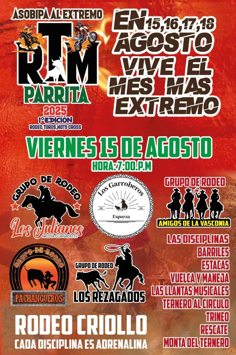 Que hacer hoy en Costa Rica: Del 15 al 18 de agosto, Parrita vive el mes más extremo con rodeo criollo, toros, motocross y disciplinas llenas de adrenalina.