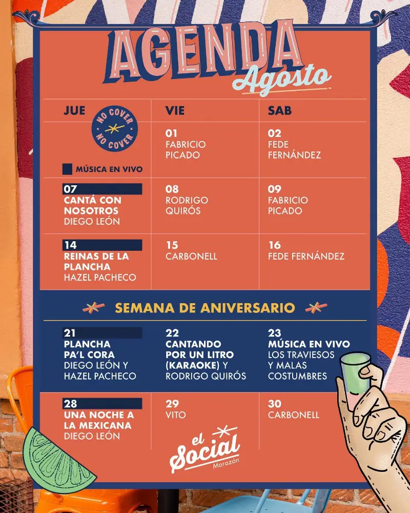 Que hacer hoy en Costa Rica: Del 21 al 23 de agosto celebrá el aniversario de El Social con música en vivo, karaoke y fiesta hasta las 5 a.m.
