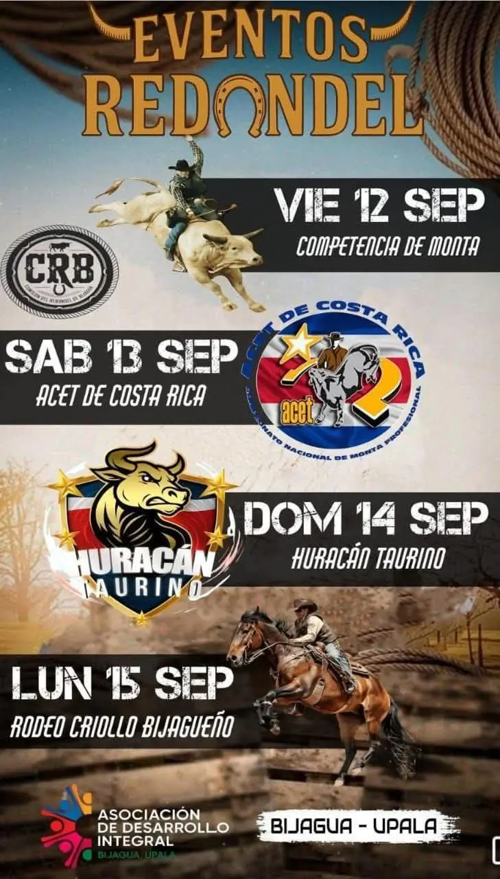 Que hacer hoy en Costa Rica: Del 12 al 15 de septiembre, Bijagua celebra las Fiestas Patrias con monta de toros, rodeo criollo y actividades para toda la familia.