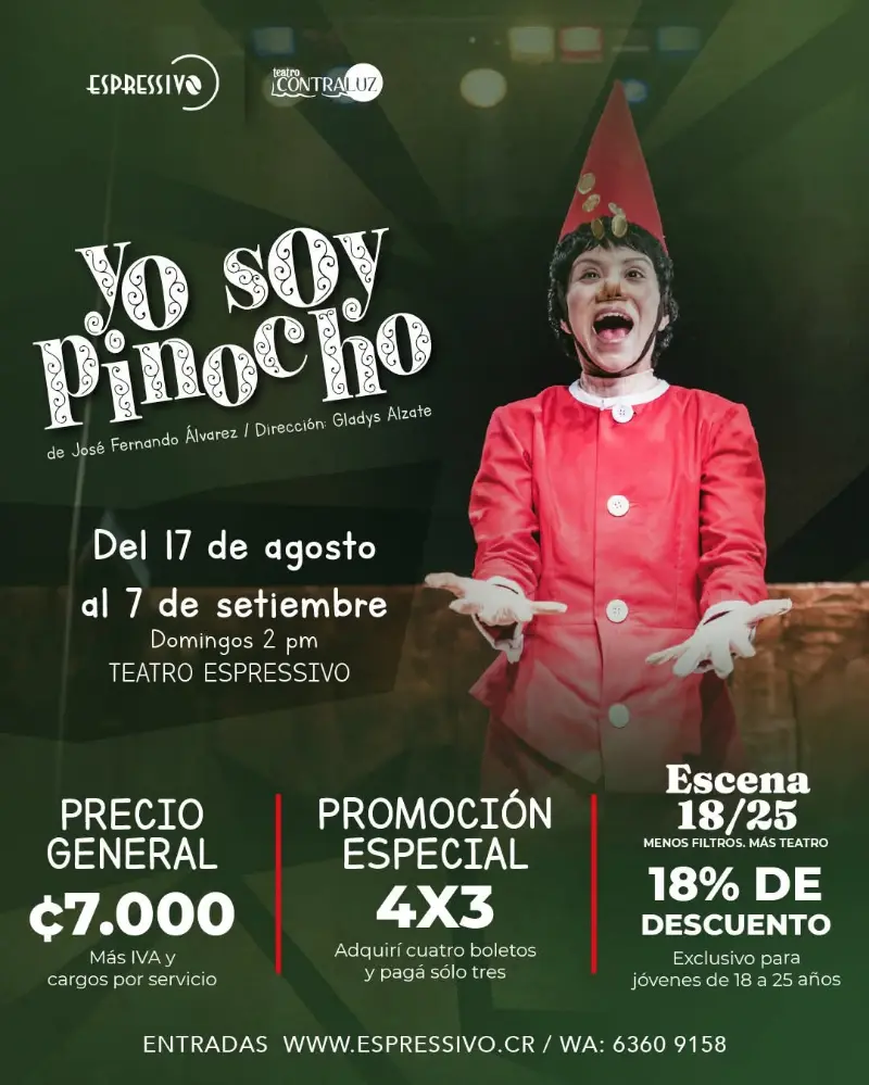 Que hacer hoy en Costa Rica: Disfrutá la obra 'Yo soy Pinocho' del 17 de agosto al 7 de septiembre en Teatro Espressivo, con funciones los domingos a las 2 p.m.
