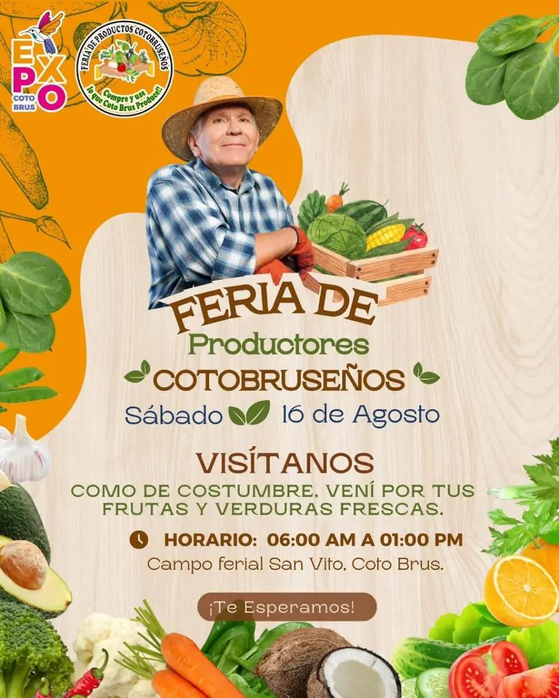 Que hacer hoy en Costa Rica: Este 16 de agosto disfrutá frutas y verduras frescas en la Feria de Productores Cotobruseños en San Vito.
