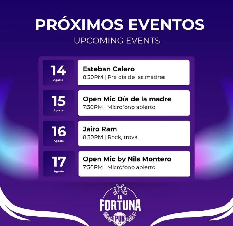 Que hacer hoy en Costa Rica: Del 14 al 17 de agosto, viví noches de música en vivo y micrófono abierto en La Fortuna Pub.