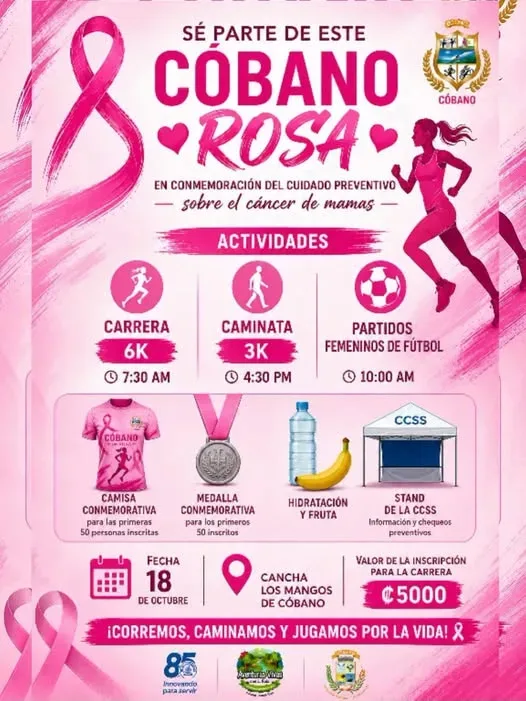 Participa en actividades de concienciación sobre el cáncer de mama en Cóbano, incluyendo carrera, caminata y fútbol.