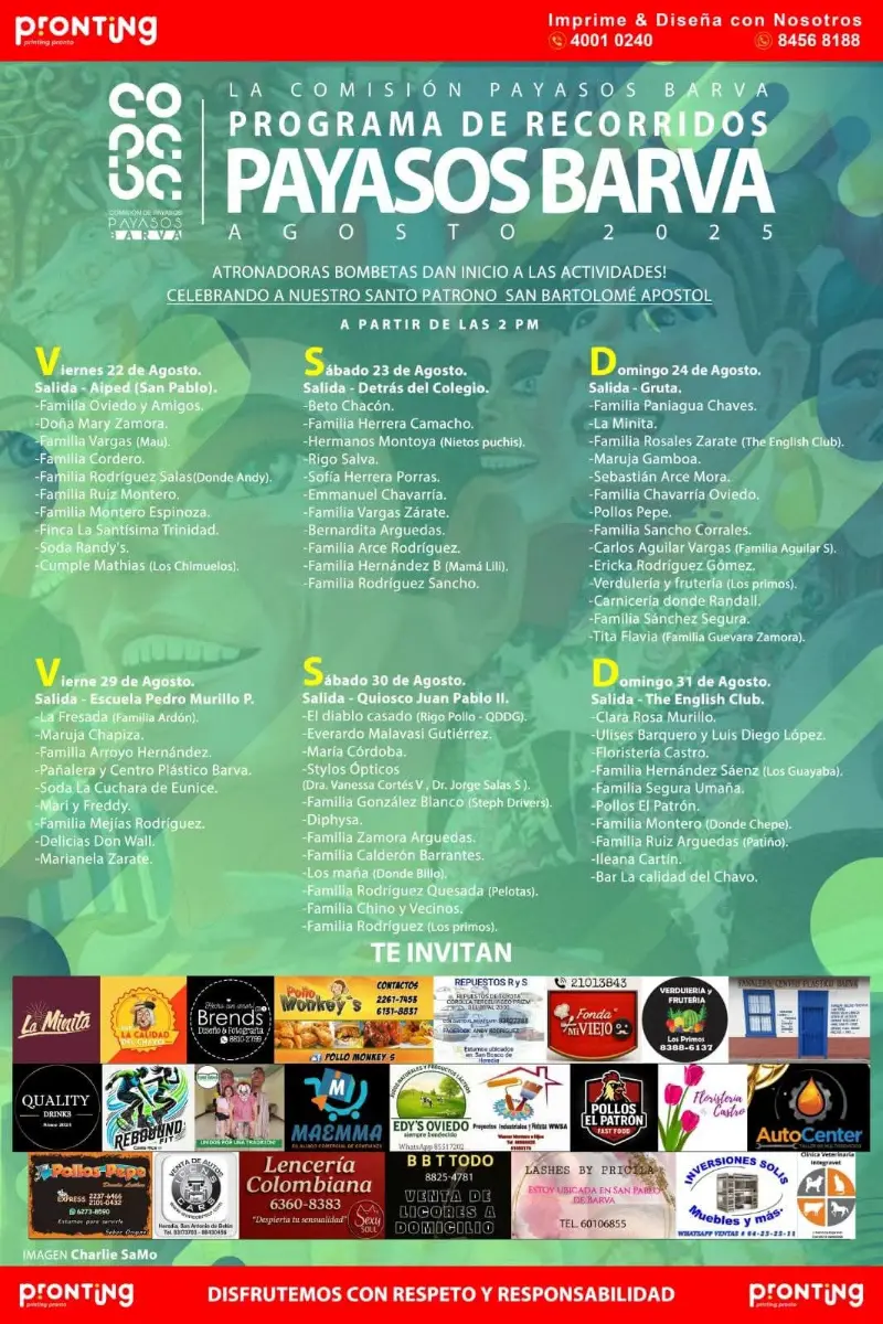 Que hacer hoy en Costa Rica: Del 22 al 31 de agosto celebrá a San Bartolomé Apóstol con los tradicionales recorridos de payasos en Barva.