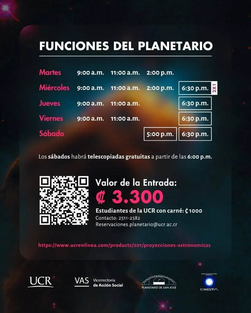 Que hacer hoy en Costa Rica: El Planetario UCR presenta proyecciones astronómicas inmersivas y telescopiadas gratuitas los sábados.