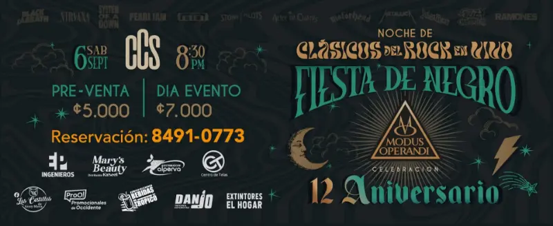 Que hacer hoy en Costa Rica: El 6 de septiembre celebrá el 12° aniversario de Modus Operandi con la Fiesta de Negro y clásicos del rock en vivo.