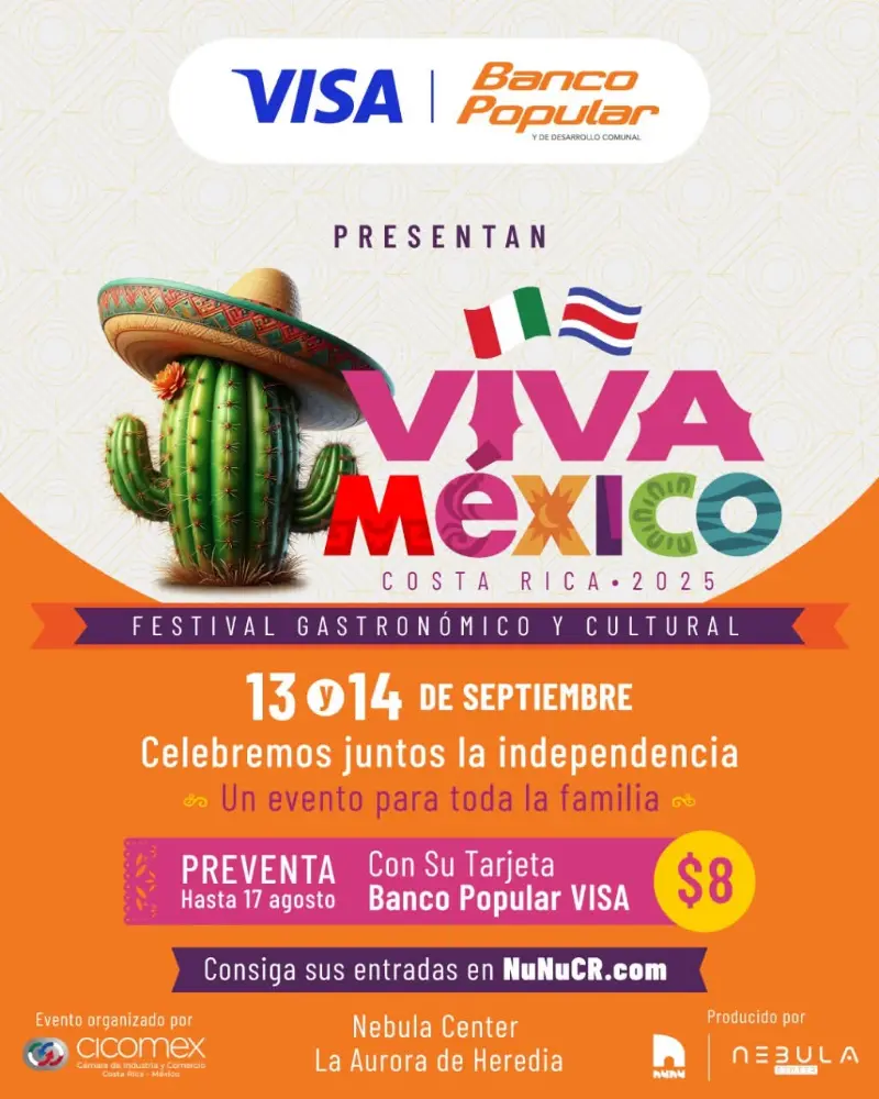 Que hacer hoy en Costa Rica: El 13 y 14 de septiembre celebrá la independencia con el Festival Gastronómico y Cultural Viva México en Nebula Center, Heredia.