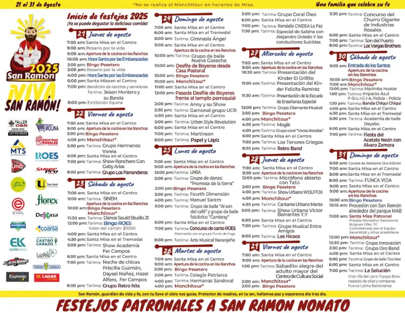 Que hacer hoy en Costa Rica: Del 21 al 31 de agosto disfrutá los Festejos Patronales de San Ramón Nonato con música, bailes, actividades religiosas, cultura y diversión para toda la familia.