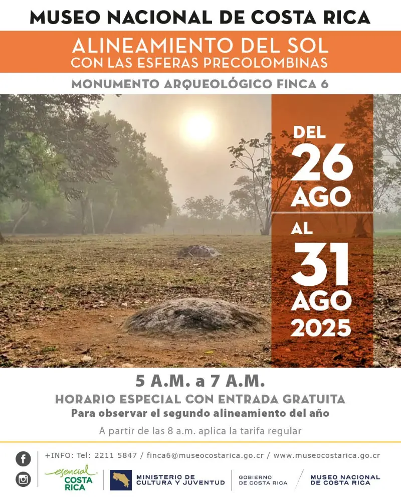 Que hacer hoy en Costa Rica: Del 26 al 31 de agosto observá el segundo alineamiento del sol con las esferas precolombinas en Finca 6, con entrada gratuita de 5 a.m. a 7 a.m.