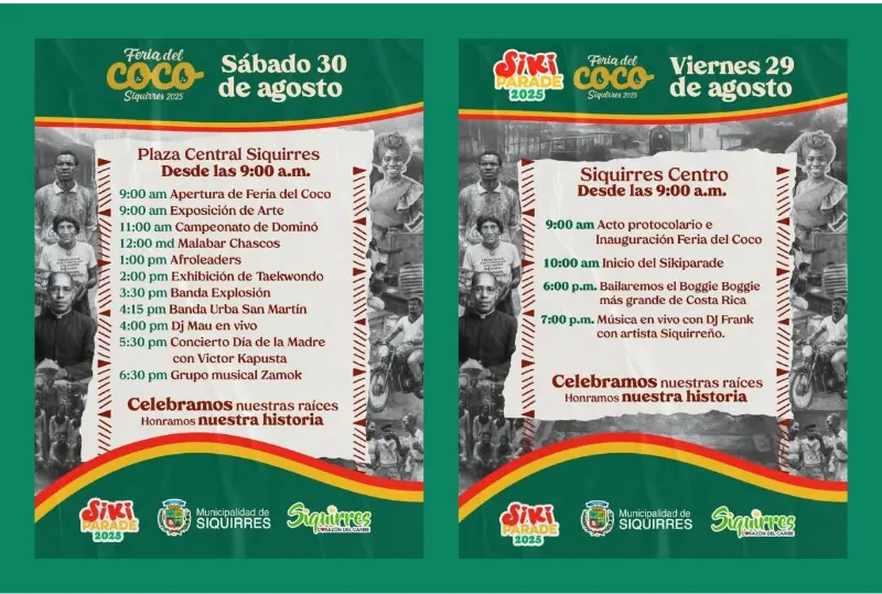 Que hacer hoy en Costa Rica: Siquirres celebra la Feria del Coco y el Sikiparade los días 29 y 30 de agosto con cultura, música, deporte y tradición.