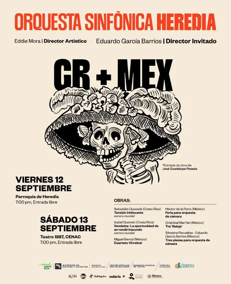 Que hacer hoy en Costa Rica: La Orquesta Sinfónica de Heredia presenta un concierto gratuito que une a Costa Rica y México con estrenos mundiales y grandes composiciones.