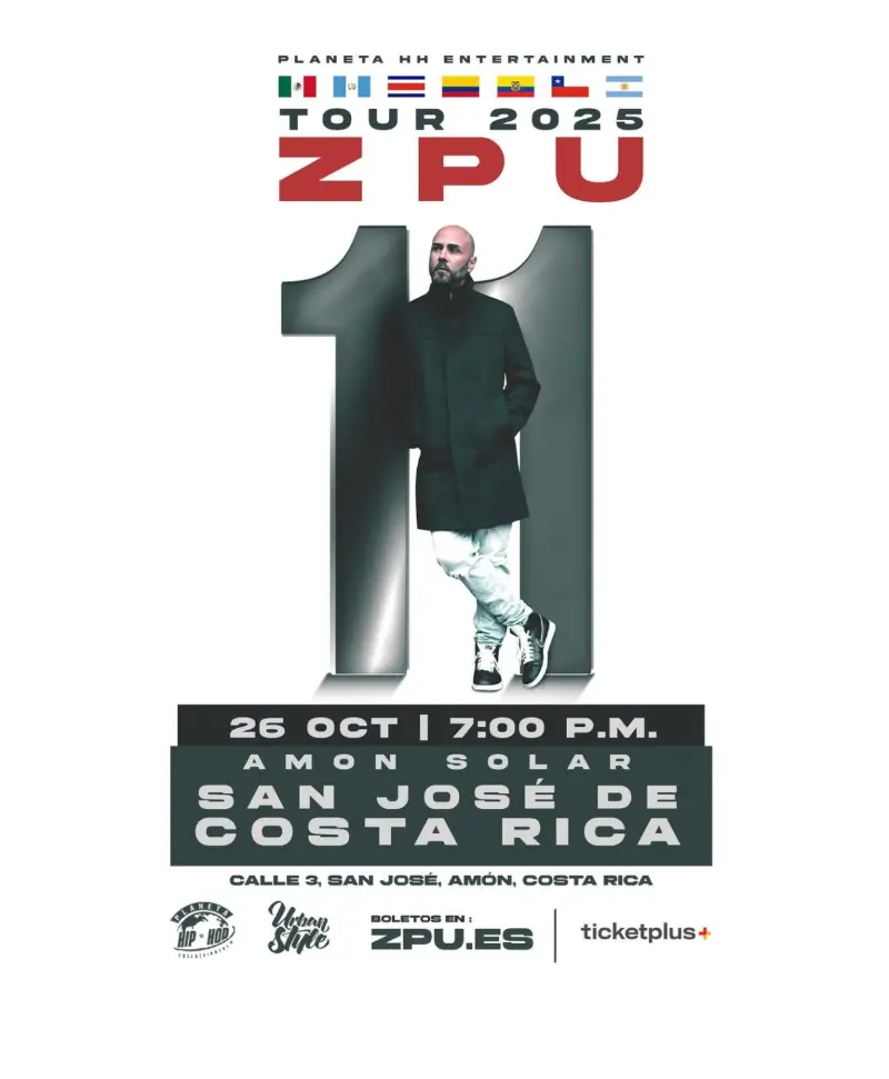 Que hacer hoy en Costa Rica: El rapero español ZPU se presenta por primera vez en Costa Rica con su 11 Latam Tour 2025 este 26 de octubre en Amón Solar.